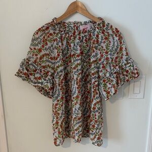 Banjanan Floral Ruffle Sleeve Women’s Top - Red/Green on Cream